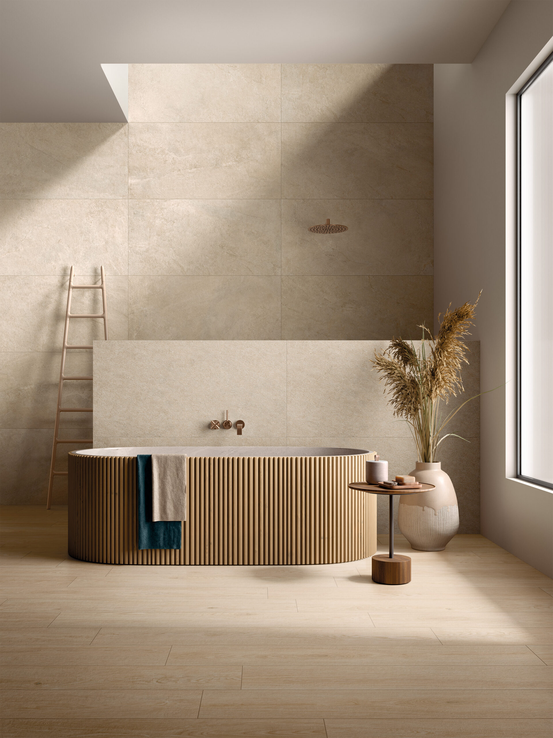 Beste Koop All Around Stone Ivory en Yosemite Honey houtlook in de badkamer